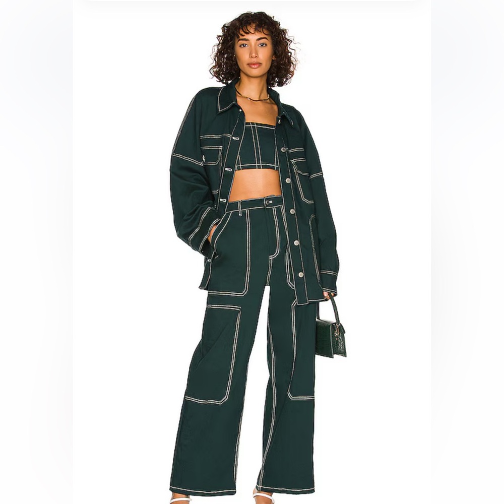 BY.DYLN Women's Dark Green Pants with White Stitching